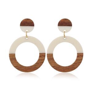 Modern Minimalistic Earrings Circle Wood Resin two-tone Cut Out Dangle White NEW